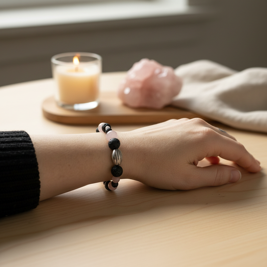 rozenkwarts armband met lavasteen rond de arm met een kaars en kristal op de achtergrond