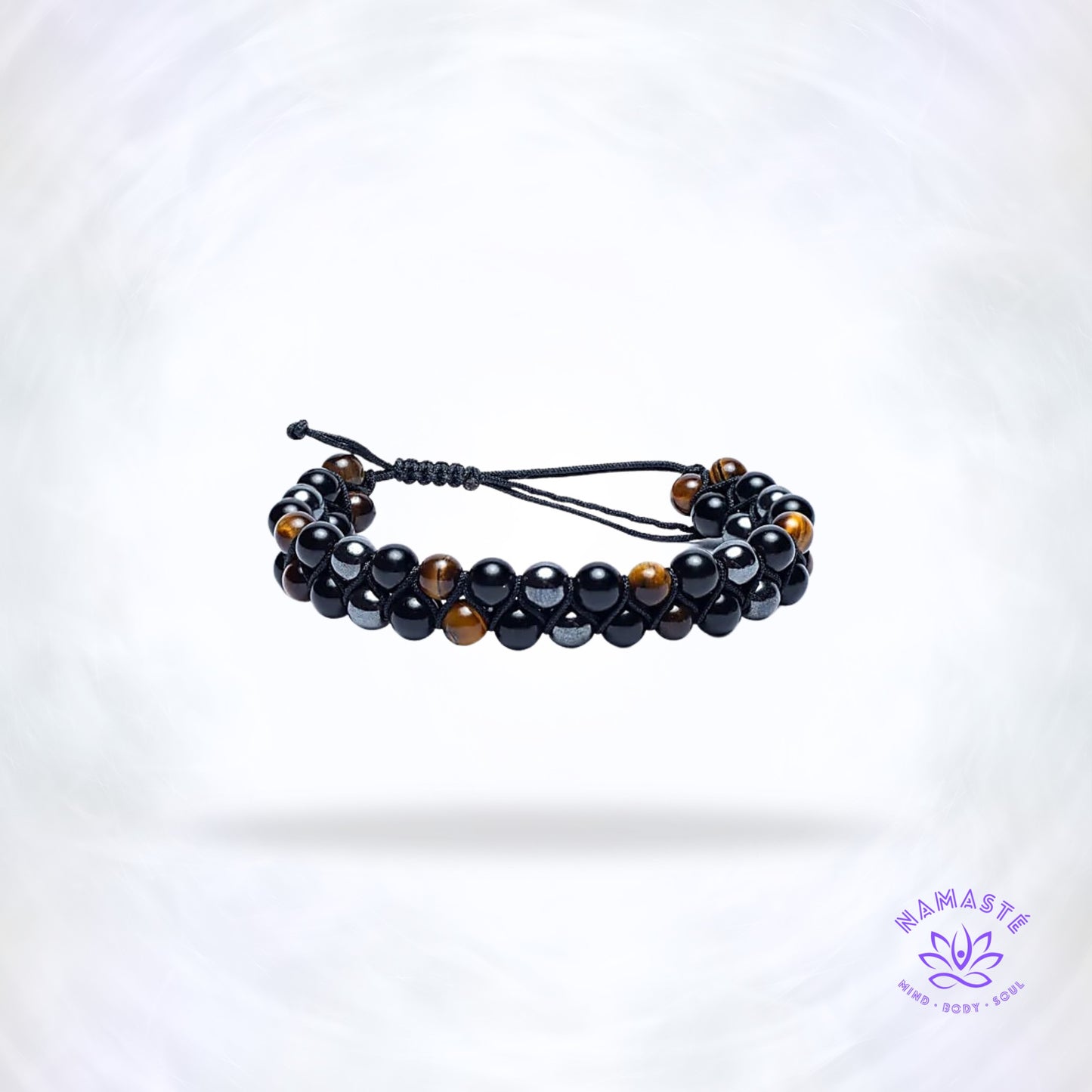 Hematiet, obsidiaan en tijgeroog armband – dubbele rij edelstenen die bescherming, aarding en persoonlijke kracht ondersteunen.