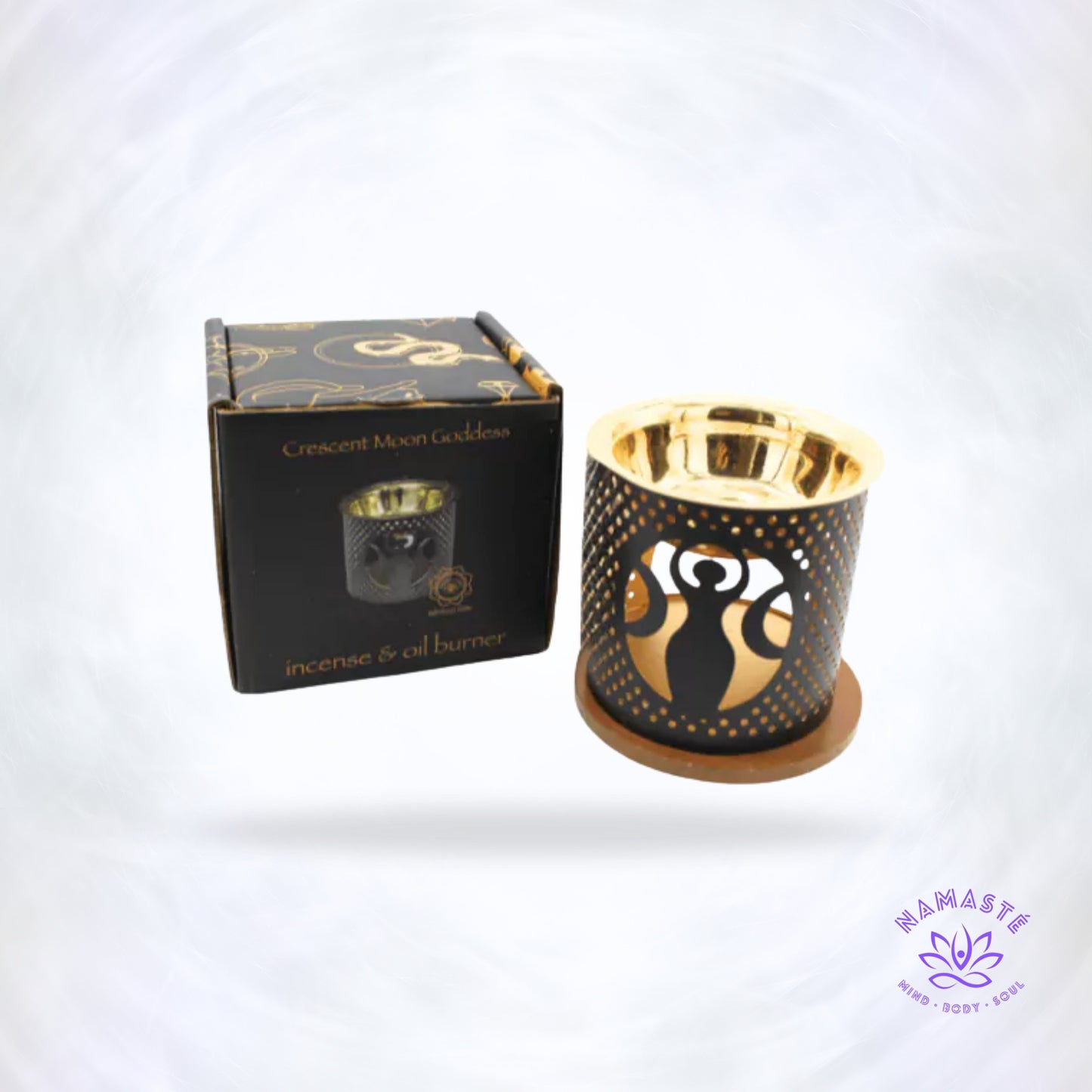 Theelichthouder en aromabrander in halve maan design – messing en hout – spirituele decoratie.