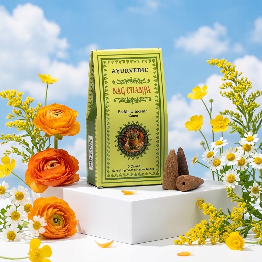 doosje nag champa backflow kegels op een verhoogje omringd met bloemen