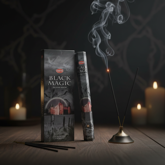 Black Magic grote en kleine doos wierook met kaarsen en een brandend stokje in een mystieke setting