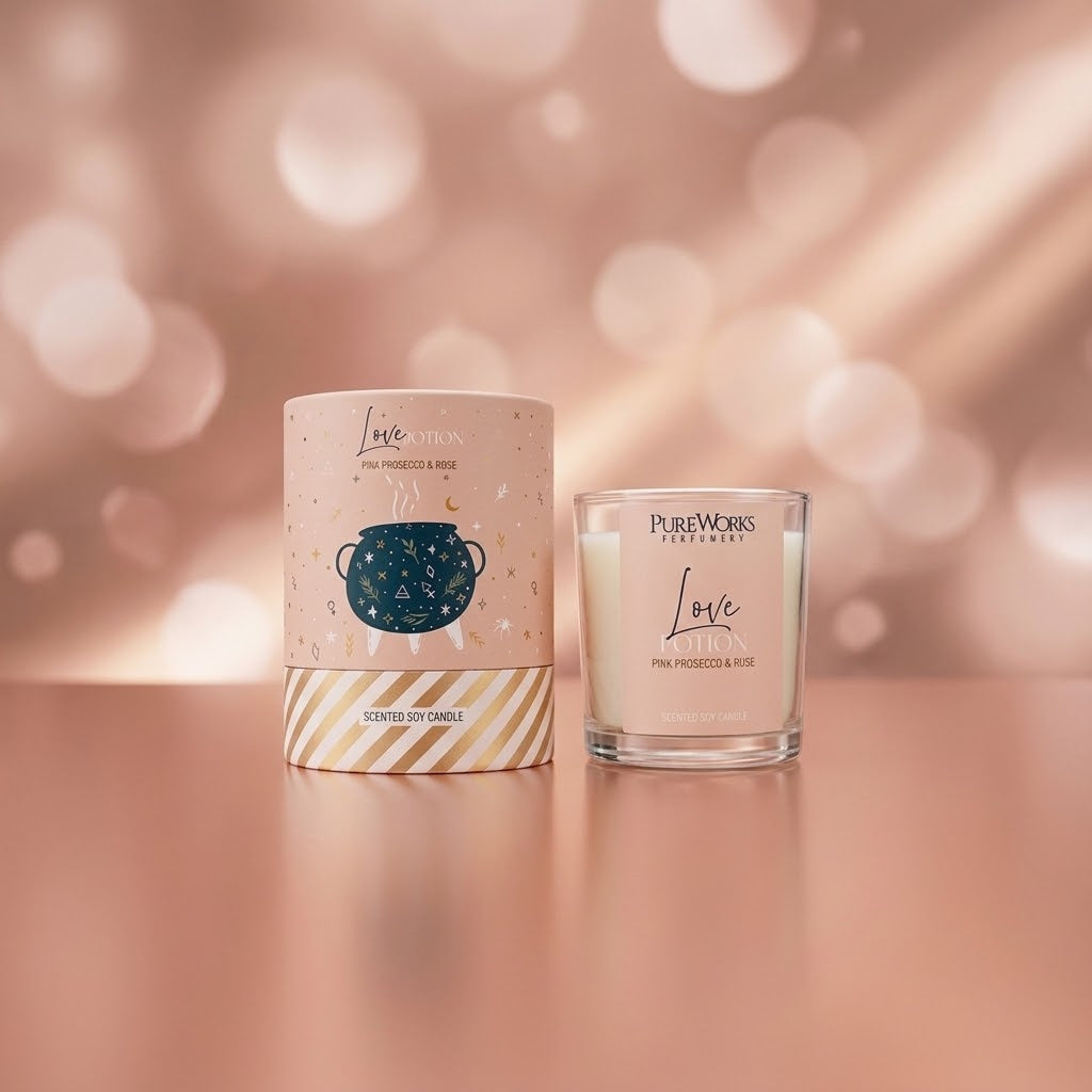 love potion kaars met doos op een metalic roze achtergrond