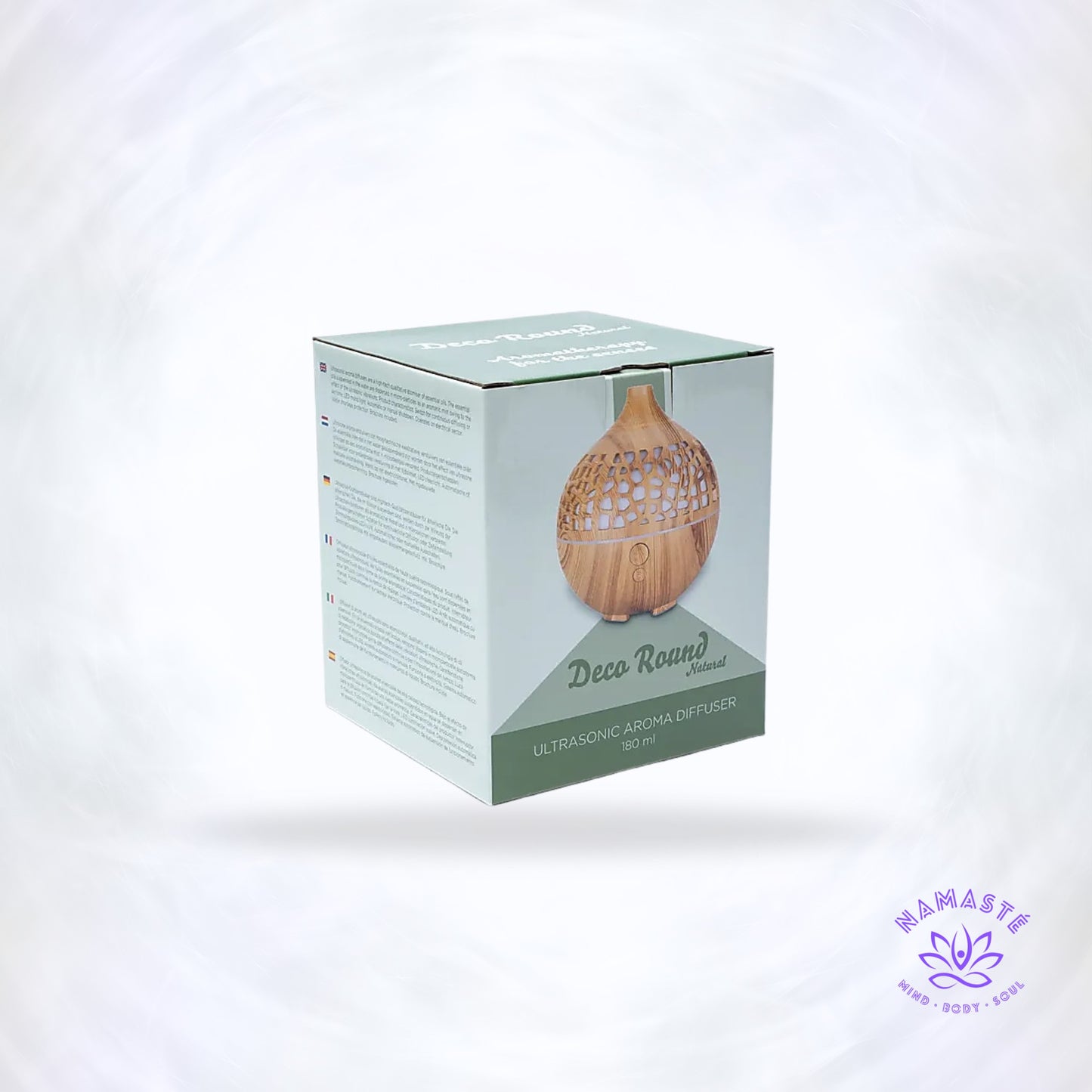 Aroma diffuser Deco Round Naturel USB – ronde, natuurlijke diffuser met LED-licht die etherische oliën vernevelt voor rust en aromatherapie.