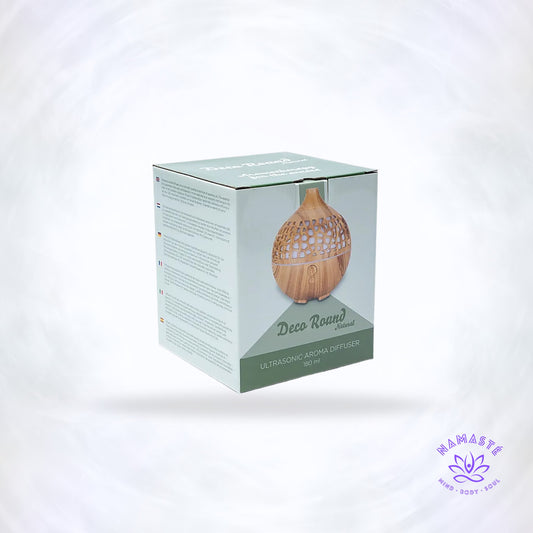Aroma diffuser Deco Round Naturel USB – ronde, natuurlijke diffuser met LED-licht die etherische oliën vernevelt voor rust en aromatherapie.