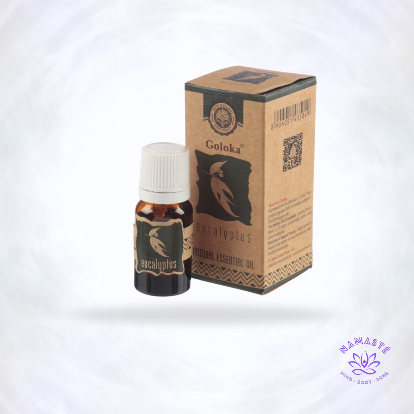 Eucalyptus Goloka etherische olie – frisse, kruidige geur die luchtwegen opent, energie verfrist en helderheid brengt. Geschikt voor aromabranders of diffusers.