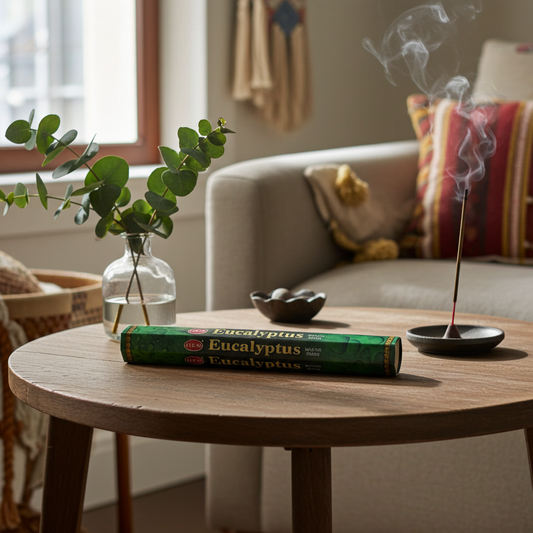 Woonkamer met brandend wierookstokje en doosje van eucalyptus wierook