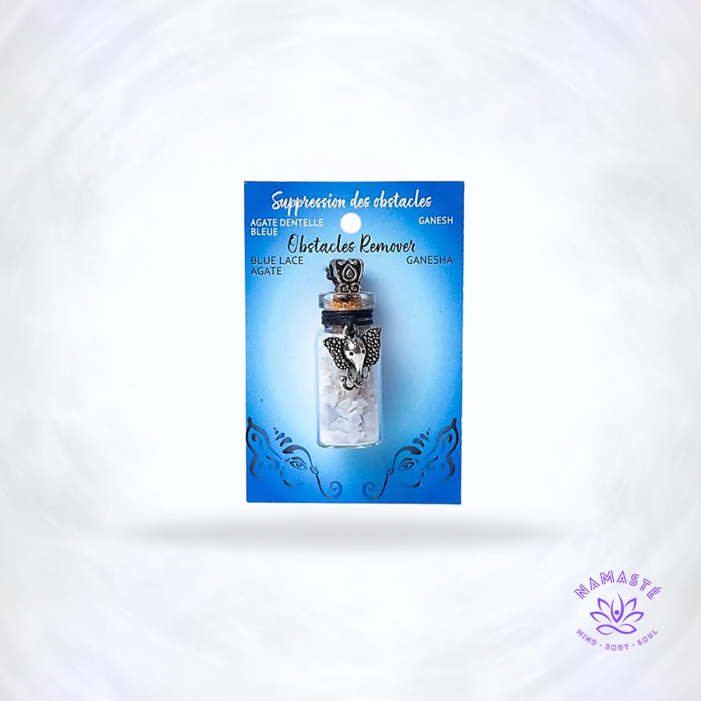 Geschenkflesje met Blue Lace Agaat en Ganesha – betekenisvol sieraad dat rust, bescherming en heldere communicatie ondersteunt.