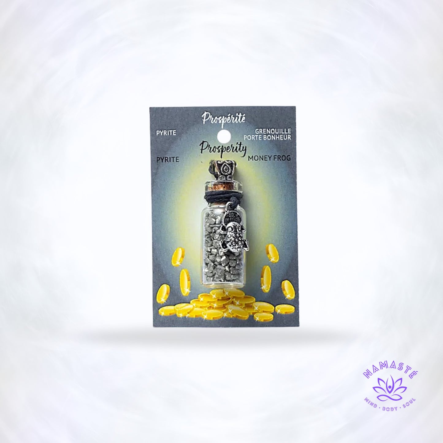 Geschenkflesje met pyriet en Feng Shui kikker – symbolisch sieraad dat daadkracht, voorspoed en innerlijke stabiliteit versterkt.