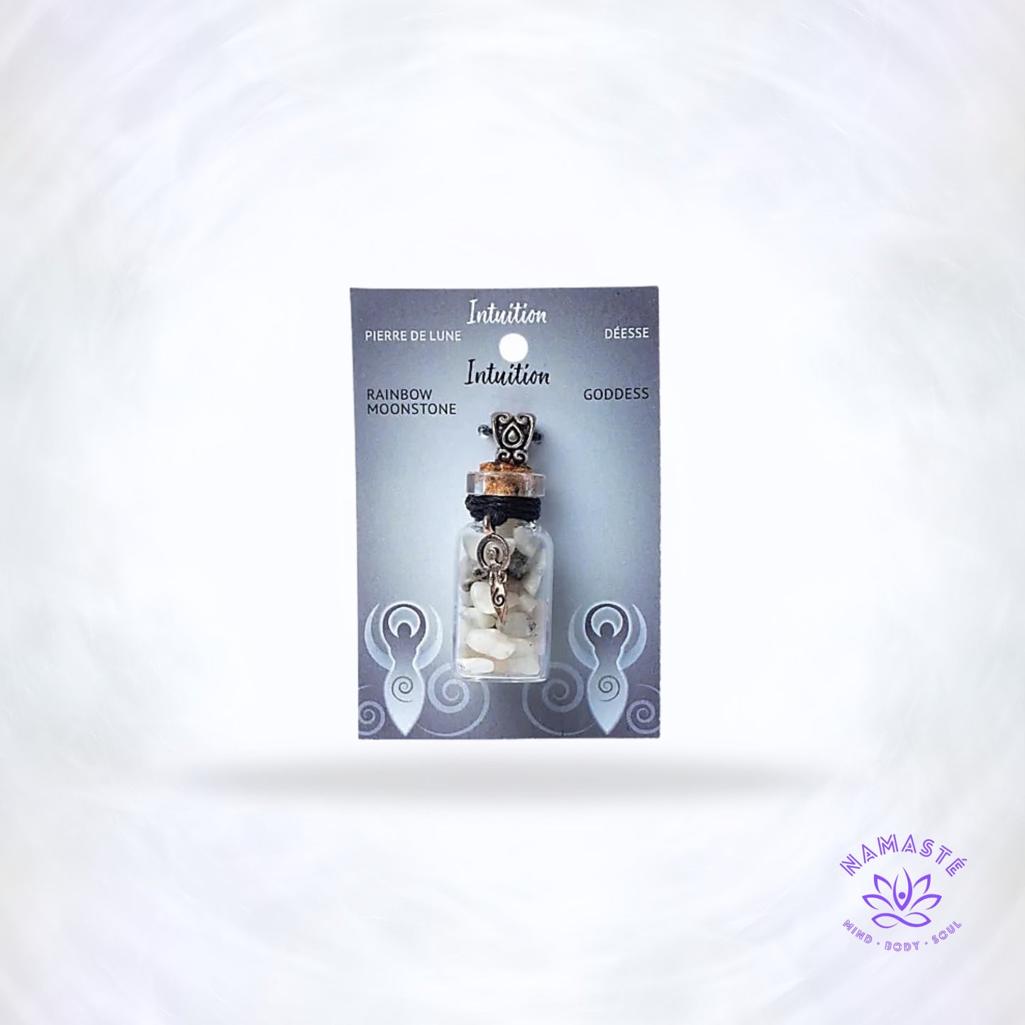 Geschenkflesje met regenboog maansteen en godinnensymbool – sieraad dat vrouwelijke energie, intuïtie en emotionele harmonie versterkt.