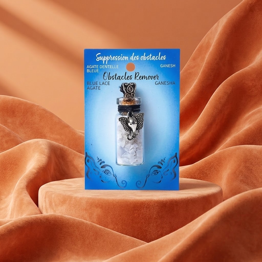 geschenkflesje met blue lace agaat op een oranje velvet doek