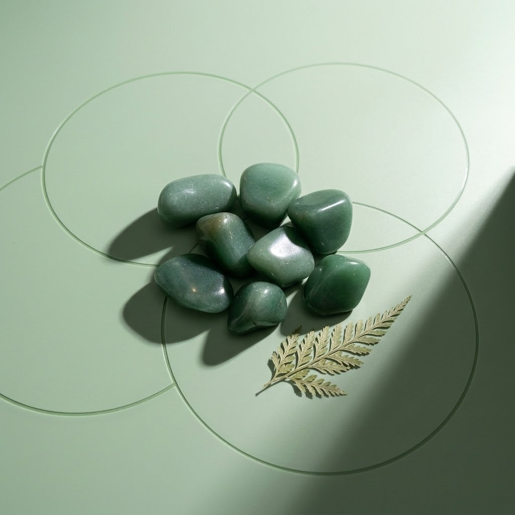groene aventurijn trommelstenen op een pastelgroene ondergrond met cirkels