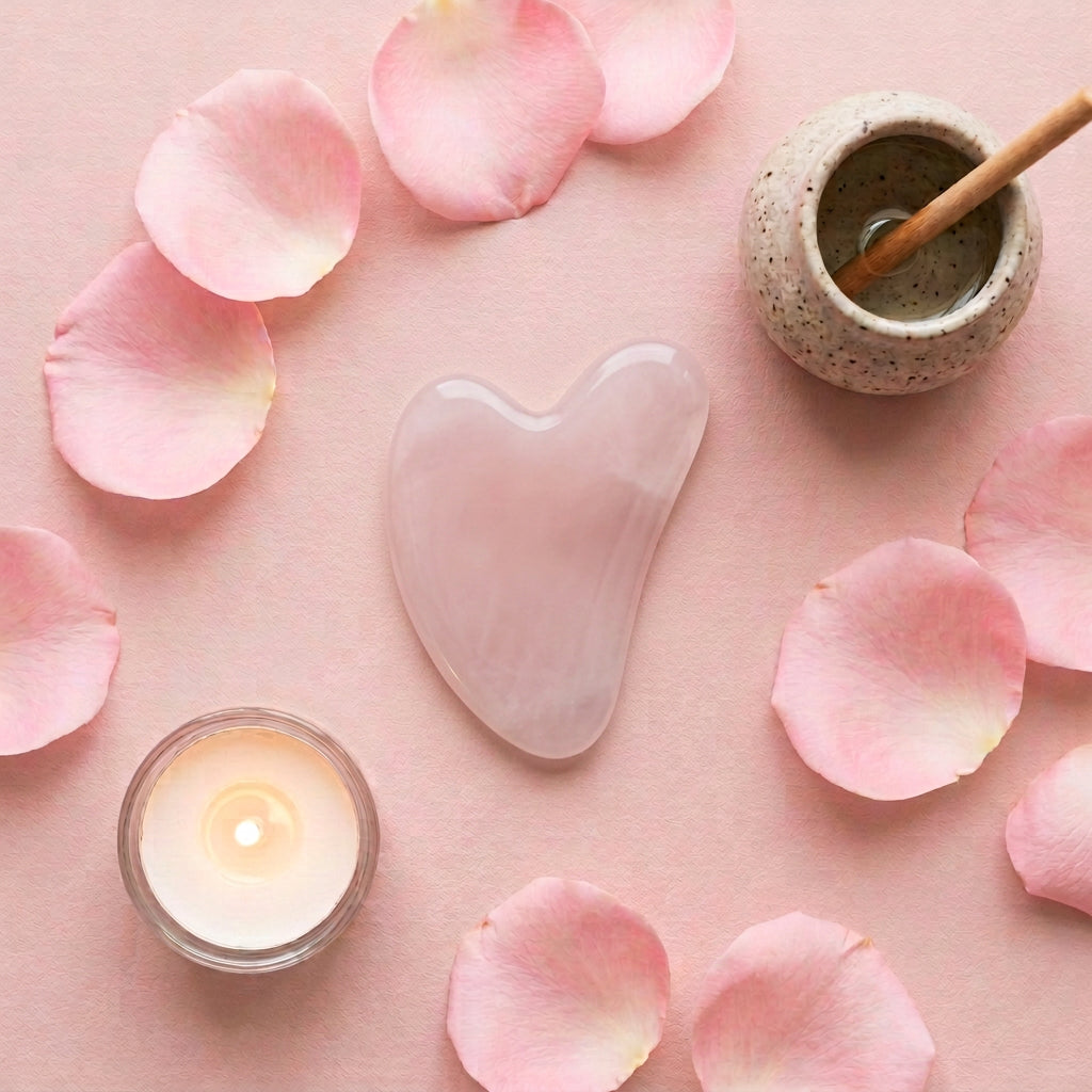 Rozenkwarts gua sha massage steen in zachte roze tint.