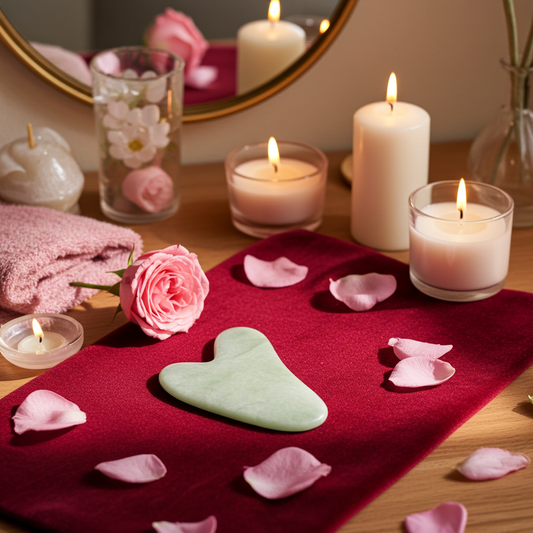 Gua sha steen voor zelfzorg en ontspanning, sfeervol gefotografeerd met kaarsen en rozenblaadjes in warme Valentijnssfeer