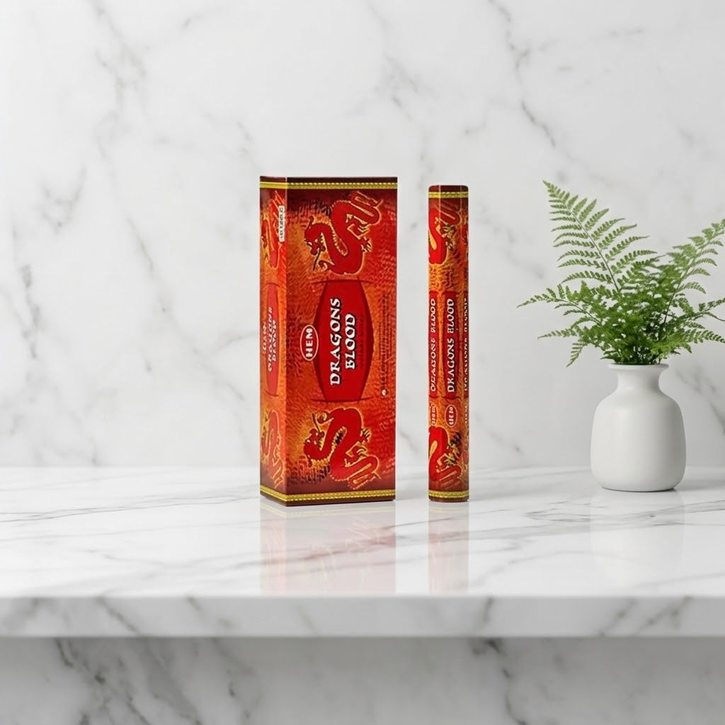 kleine en grote doos wierookstokjes dragons blood op een marmeren tafel met een plantje naast