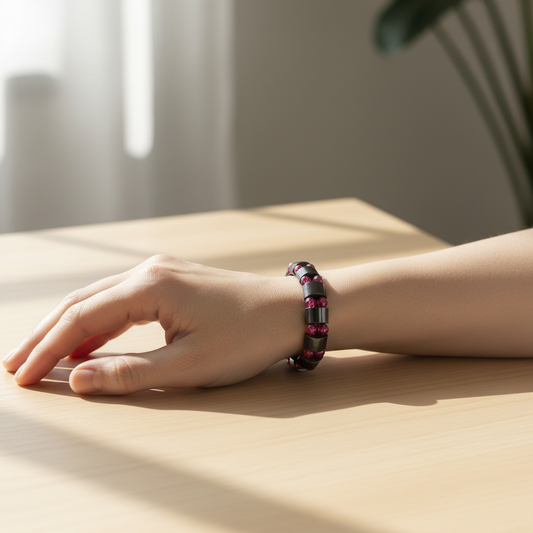 Hematiet armband met roze kralen gedragen rond de pols
