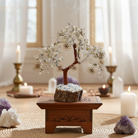 Labradoriet edelsteenboom met zilverkleurige draden op houten stam, geplaatst op klein rond tafeltje met brandende kaarsen en kristallen in een zacht verlichte kamer.