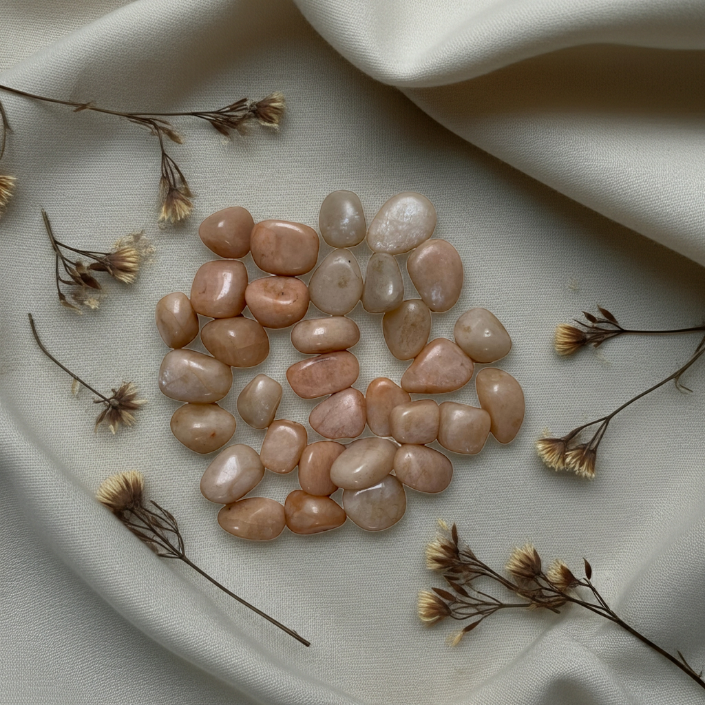 Maansteen Trommelstenen op een zachte doek met droge bloemetjes er rond