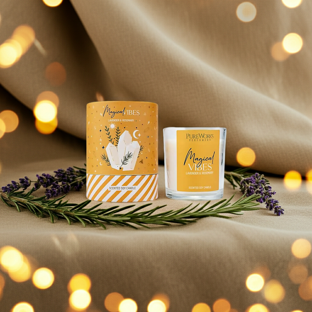 Magical Vibes geurkaars met lavendel en rozemarijn, sfeervolle spirituele setting met warm licht en natuurlijke elementen