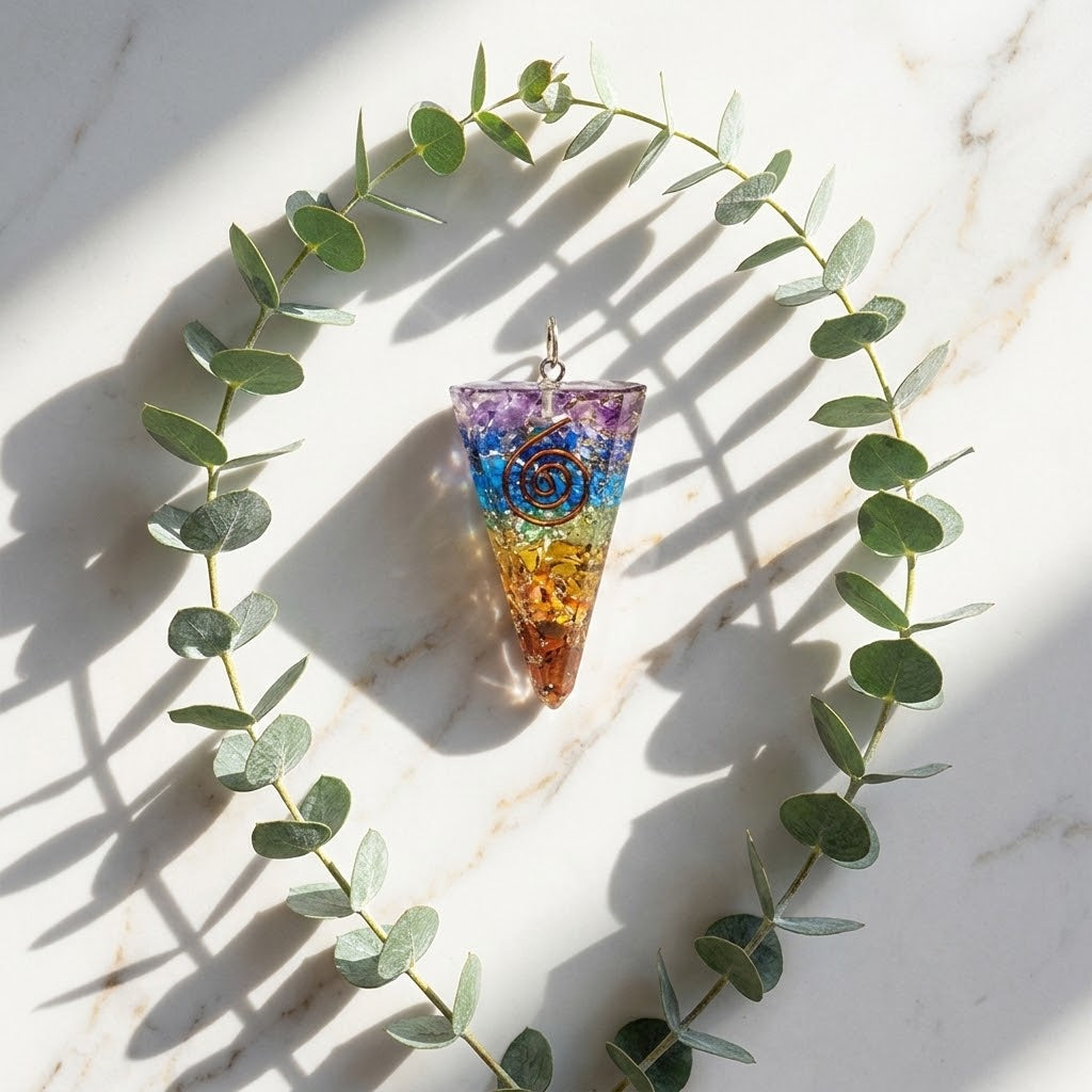 pegelvormige orgoniethanger op een marmeren ondergrond met wat eucalyptus rond