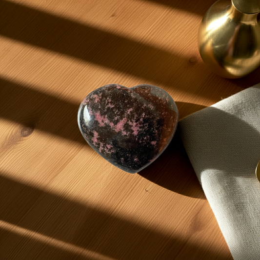 een rhononiet hart op een houten tafel met een doek