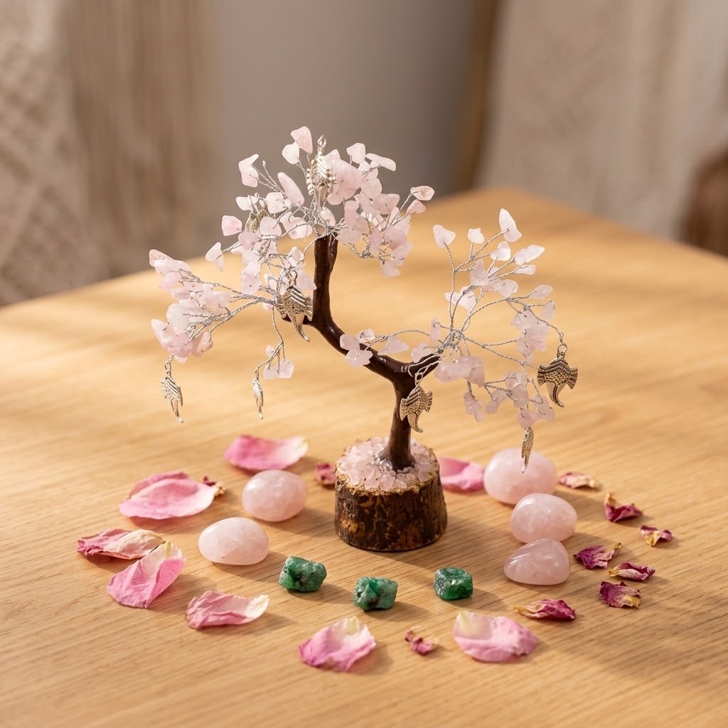 edelsteenboompje van rozenkwarts op een houten tafel met wat steentjes en gedroogde blaadjes errond