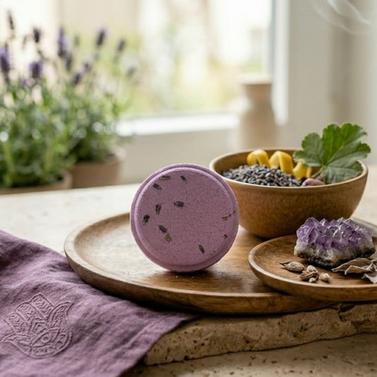 Tranquility Tempest Shower Steamer op een houten schaal met amethist, citroenschil en gedroogde bloemen