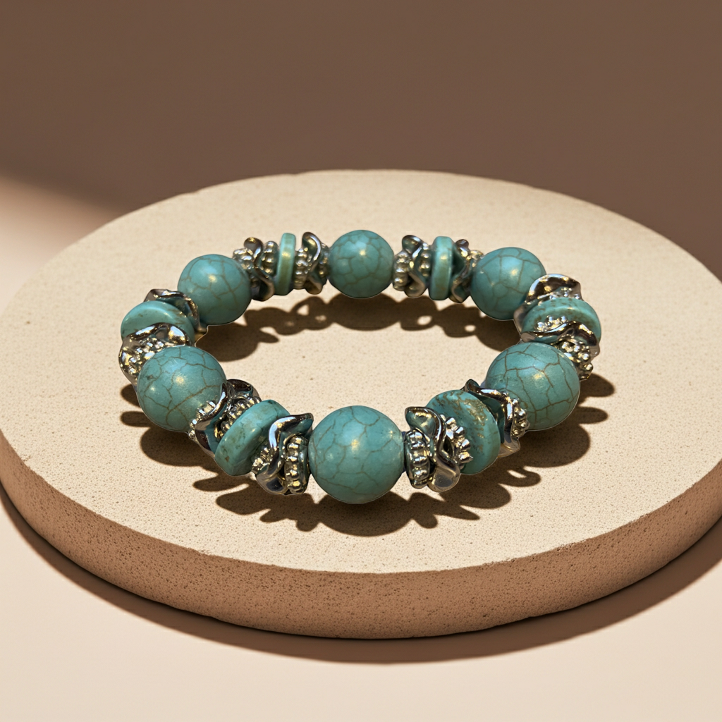 Turkoois-Look Armband met Zilveren Accent – Elastisch (Einde Reeks)