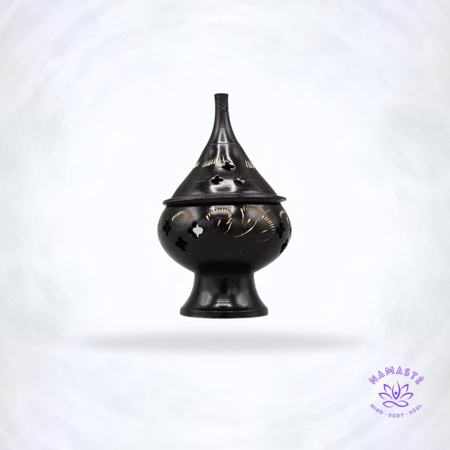 Zwarte druppelvormige kegelwierookbrander – metalen brander die zuivering, emotionele rust en energetische balans uitstraalt.