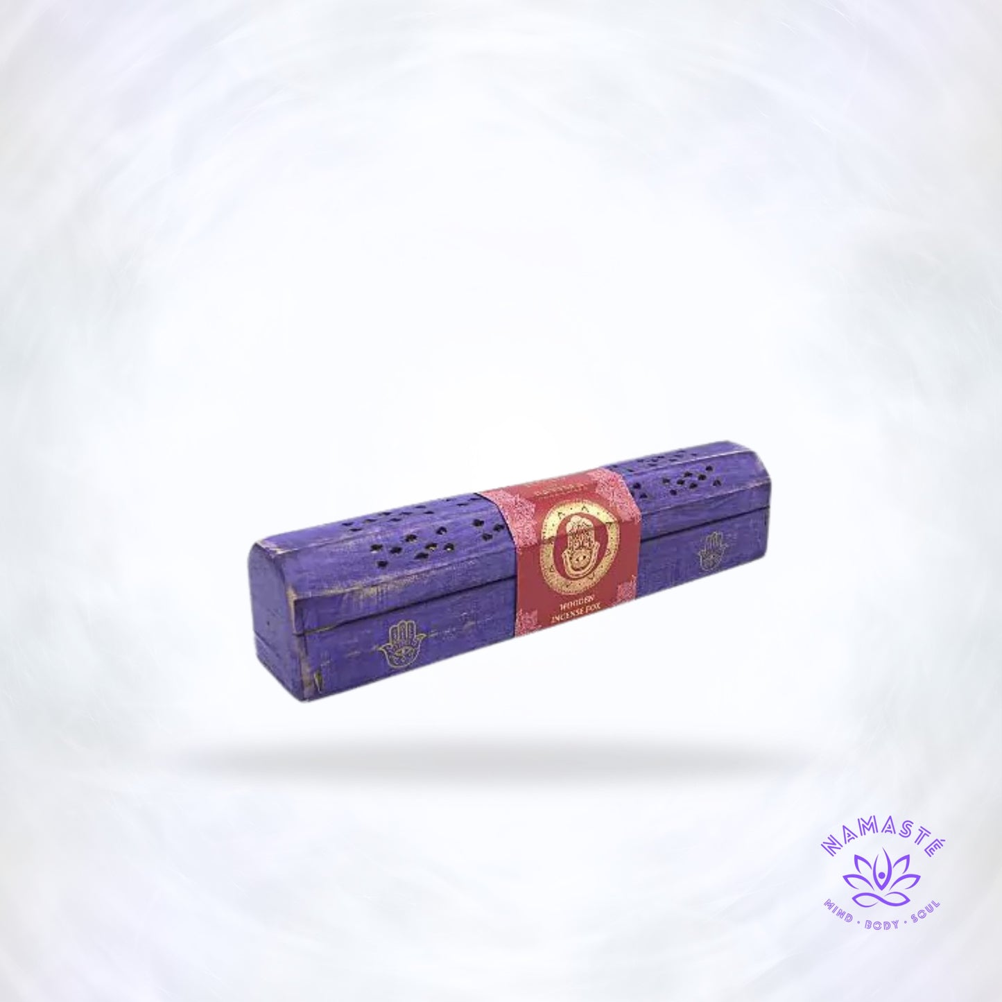 Paarse houten wierookdoos Hand van Fatima (Hamsa) van Green Tree – symbool van bescherming en transformatie, versterkt intuïtie en zuivere energie.