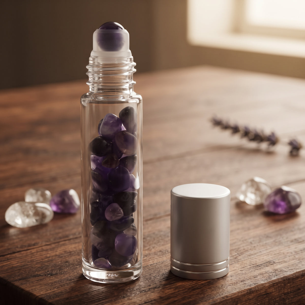 amethist roller op een houten tafel met wat kristallen en droge bloemen errond