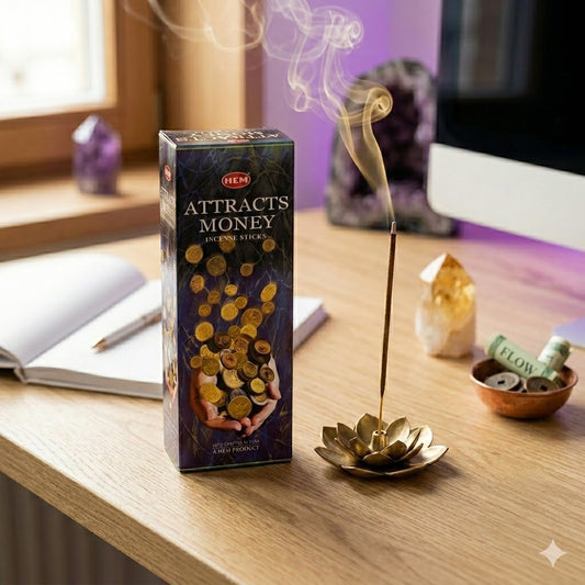 Spirituele werkplek met HEM Attracts Money wierook op een houten bureau, een brandend stokje in een gouden lotus houder, een open notitieboekje en kristallen voor focus en overvloed.