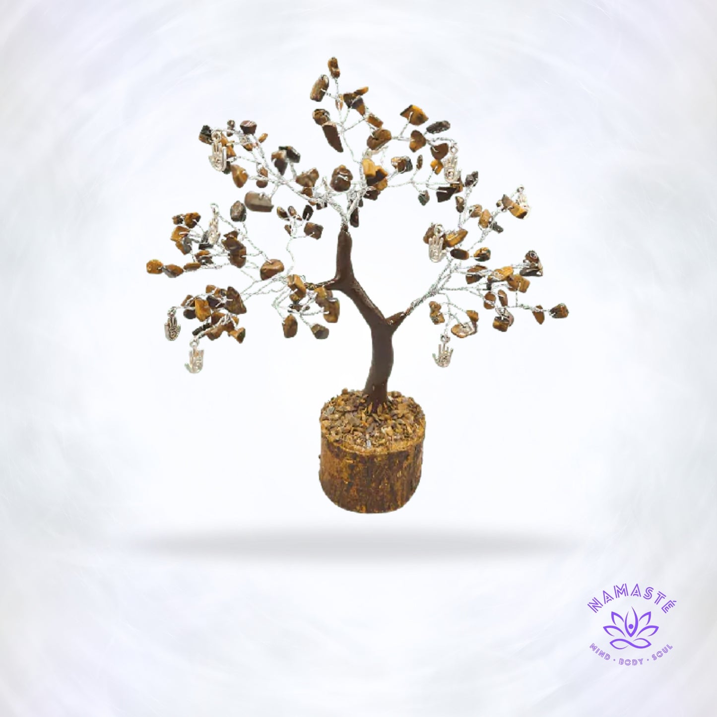 Tijgeroog edelsteenboom met Reiki-hand ornament – boom voor zelfvertrouwen, bescherming en kracht.