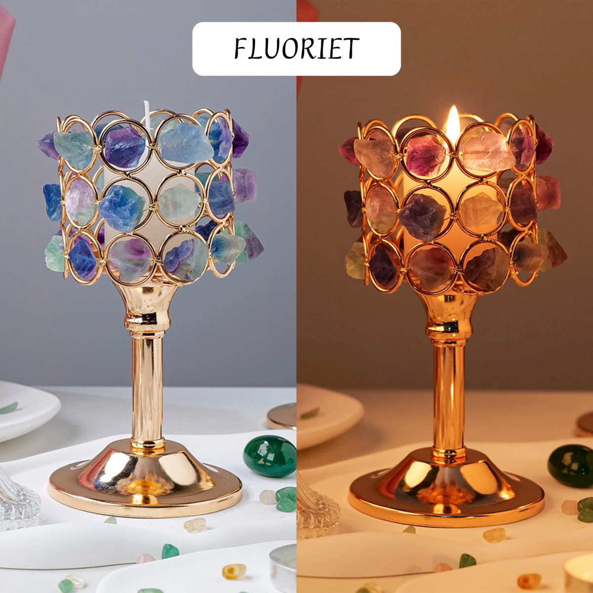 Luxe Edelsteen Cluster Kandelaar – Ruwe Fluoriet of Amethist
