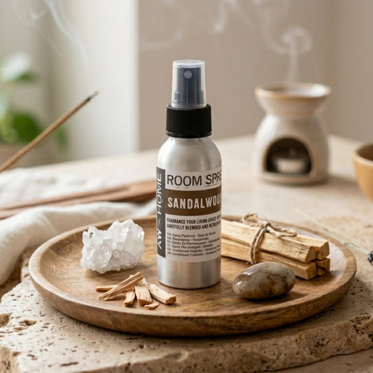 flesje sandelhoutspray omringd door kristallen, palo santo en een oliebrander op de achtergrond