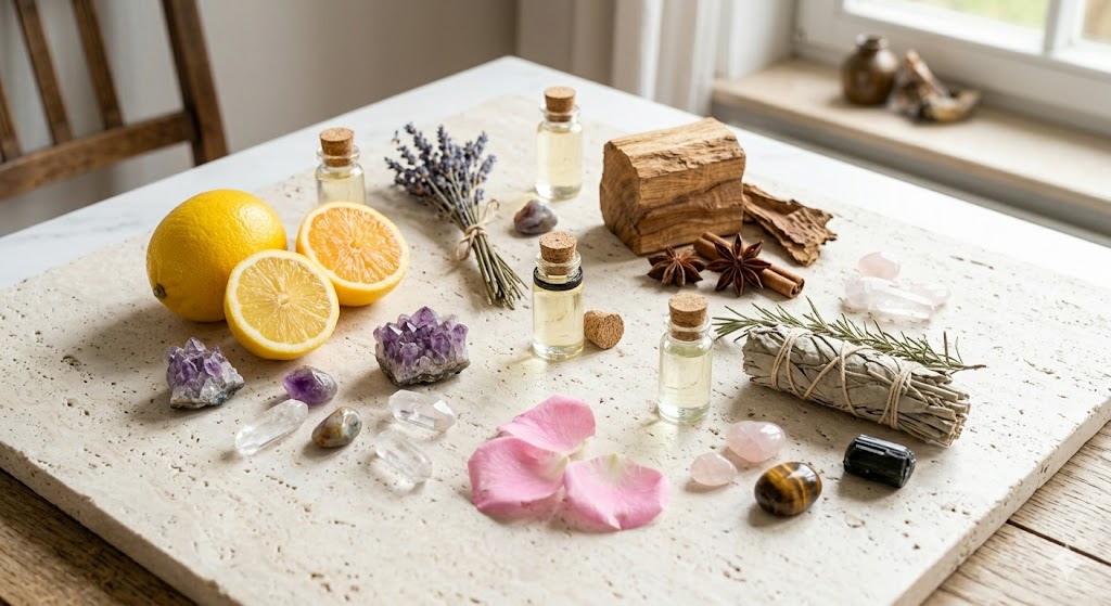 een mix van bloemen, hout, kruiden, kristallen in het kader van de blogpost over wat je favoriete geur over je zegt
