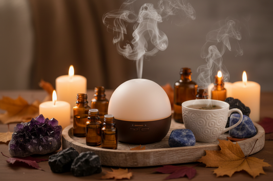 Sfeervolle foto van aromadiffuser met mist, essentiële oliën, thee en kristallen (Amethist, Zwarte Toermalijn, Sodaliet) in warme najaarstinten