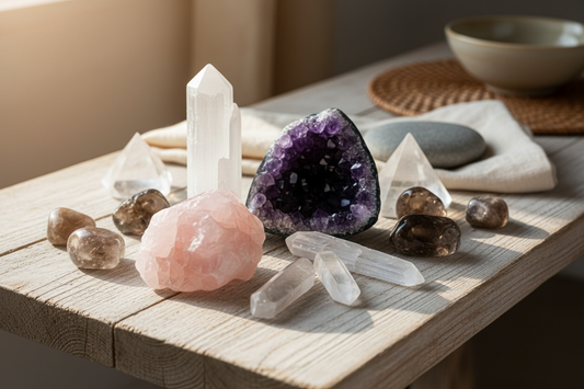 Verschillende kristallen samen in rustige setting – intuïtief kristallen kiezen