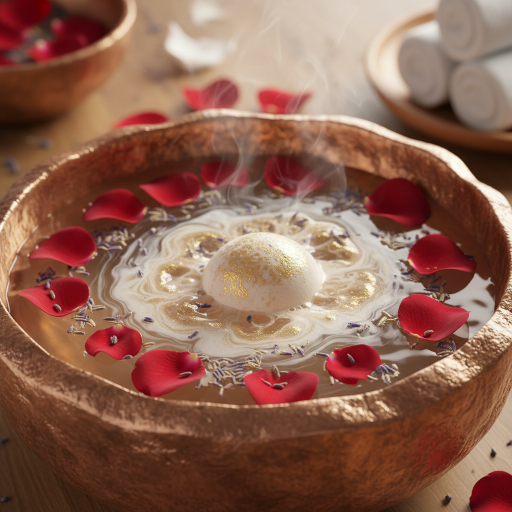 Luxe aromatische verzorging ritueel met een bruisbal die oplost in een koperen bad met rozenblaadjes, omringd door massageolie, een kaars, edelstenen en een zachte handdoek.