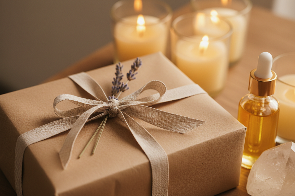 Luxe cadeausets van Namasté, prachtig ingepakt met natuurlijke materialen en droogbloemen, klaar om te geven.