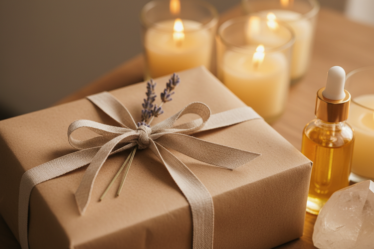 Luxe cadeausets van Namasté, prachtig ingepakt met natuurlijke materialen en droogbloemen, klaar om te geven.
