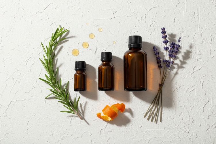 Puur natuurlijke essentiële oliën in donkere amberflesjes omringd door verse kruiden en botanische ingrediënten in een licht, minimalistisch decor.