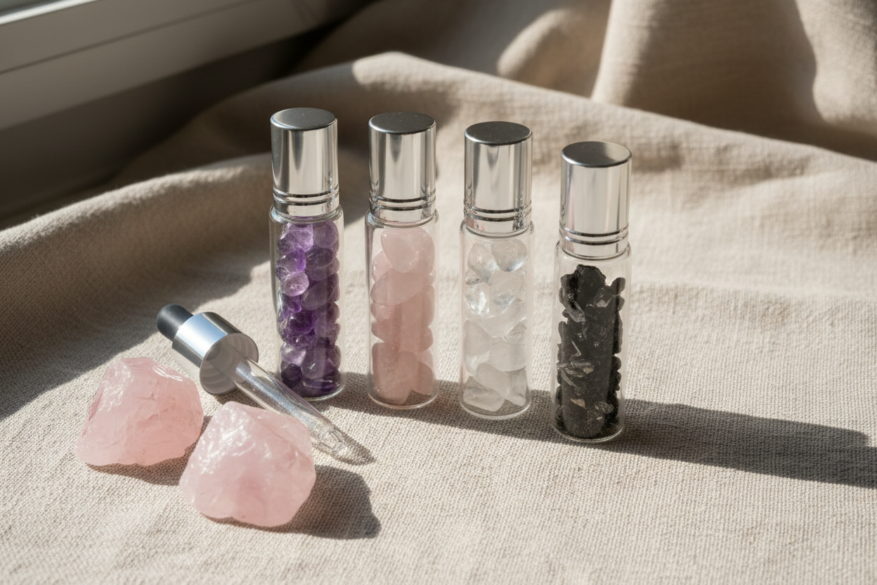Een foto van spirituele DIY-benodigdheden op een linnen achtergrond. Heldere glazen rollerflesjes met zilveren doppen, gevuld met kristallen. Een glazen pipet en enkele losse, ruwe edelstenen.