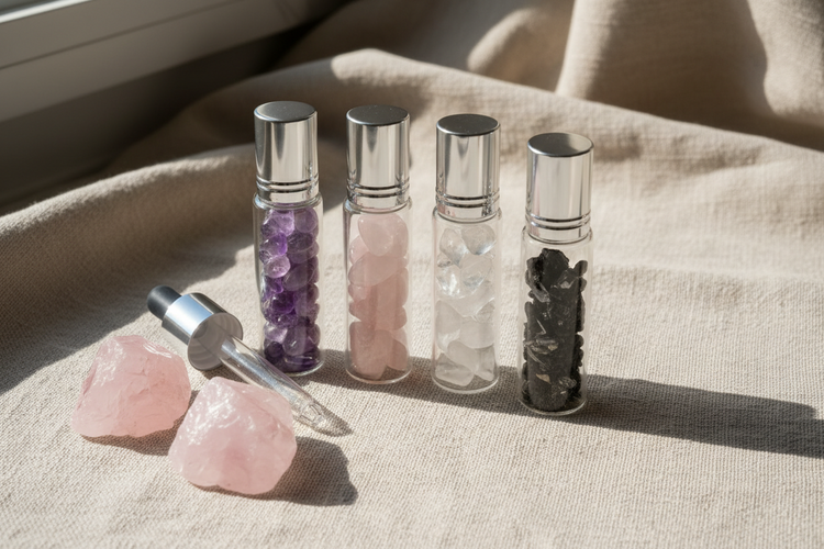 Een foto van spirituele DIY-benodigdheden op een linnen achtergrond. Heldere glazen rollerflesjes met zilveren doppen, gevuld met kristallen. Een glazen pipet en enkele losse, ruwe edelstenen.