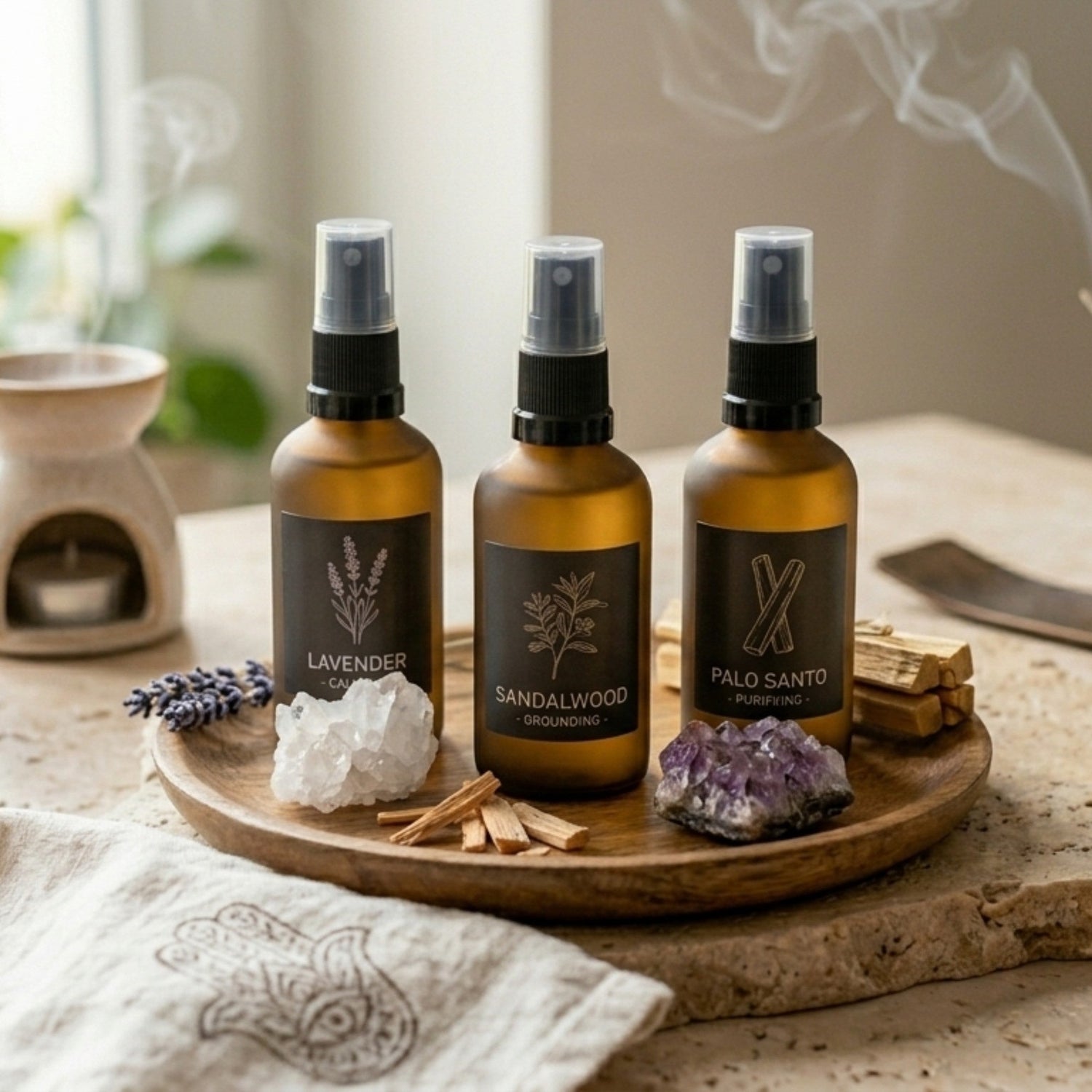 Namasté Geur Sprays collectie banner. Drie minimalistische, matglazen sprayflessen op een houten plateau met Bergkristal, Palo Santo en gedroogde bloemen. Warme, rustgevende sfeer met ochtendlicht