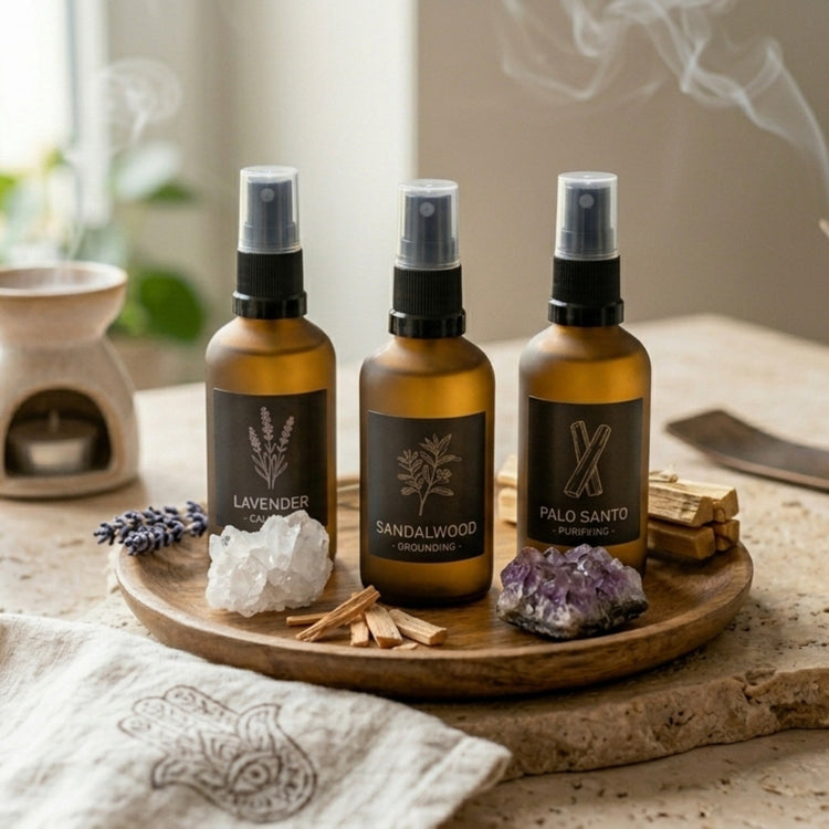 Namasté Geur Sprays collectie banner. Drie minimalistische, matglazen sprayflessen op een houten plateau met Bergkristal, Palo Santo en gedroogde bloemen. Warme, rustgevende sfeer met ochtendlicht