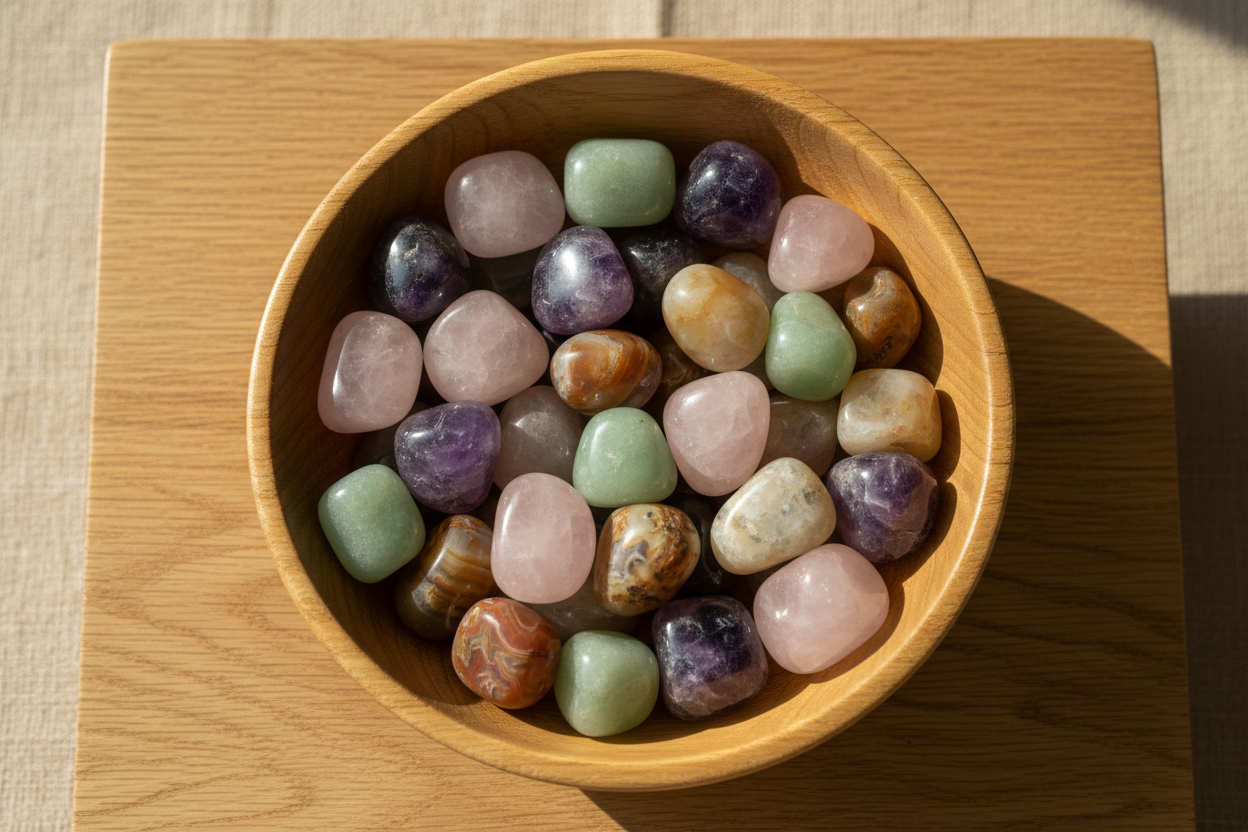 schaal met allerhande trommelstenen