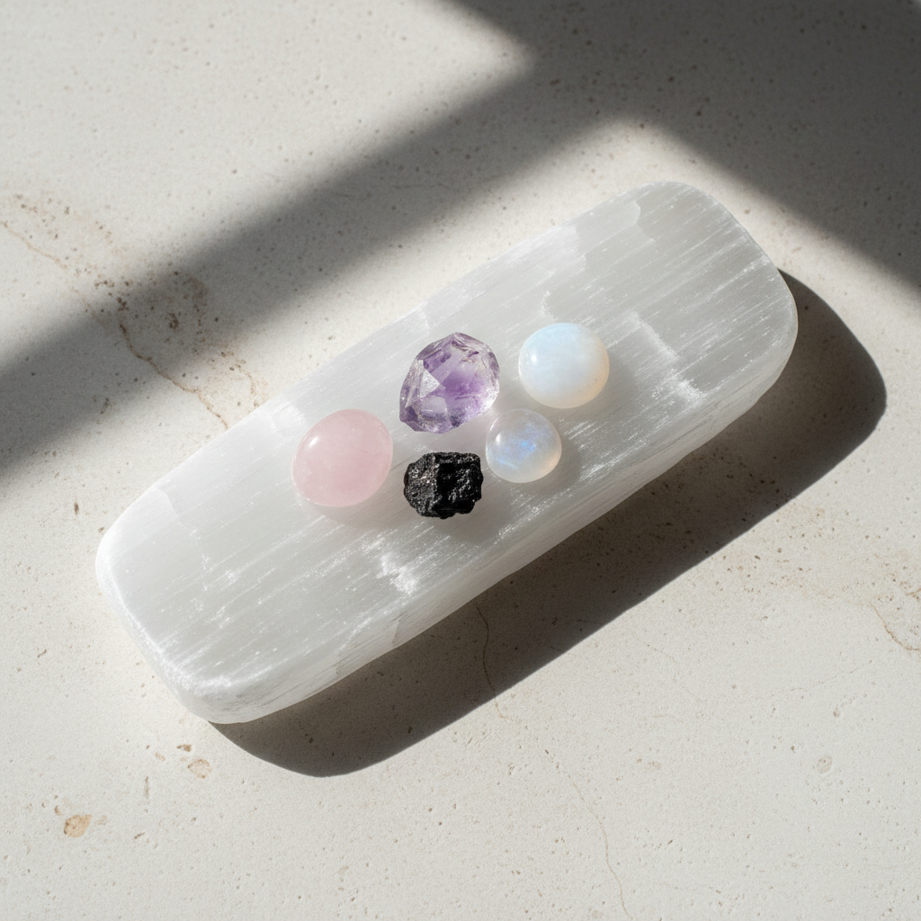 seleniet schaal met trommelsteentjes