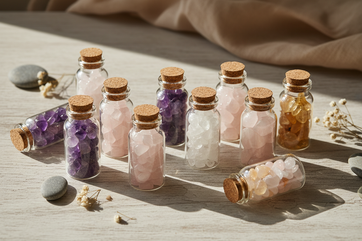 verzameling flesjes met verschillende kristallen