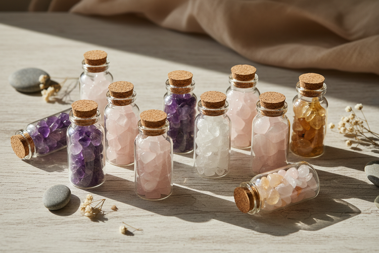 verzameling flesjes met verschillende kristallen