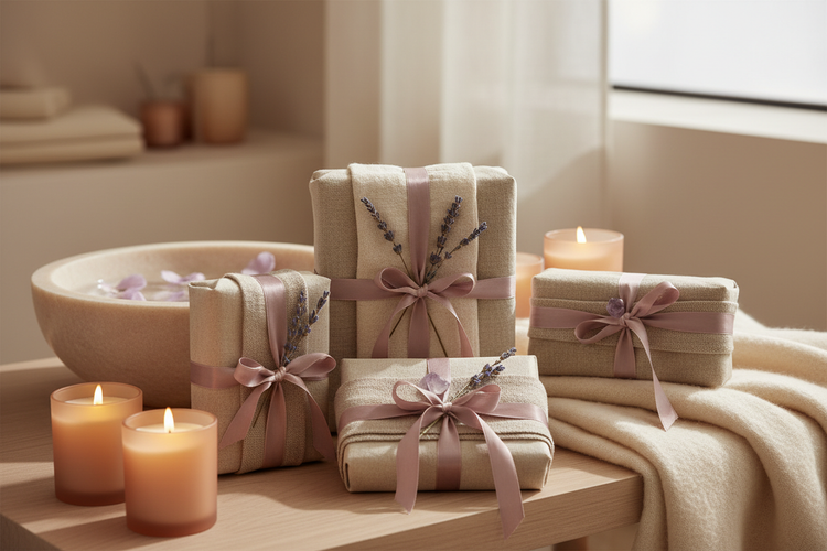Zachte serene setting met geschenkjes en kaarsen